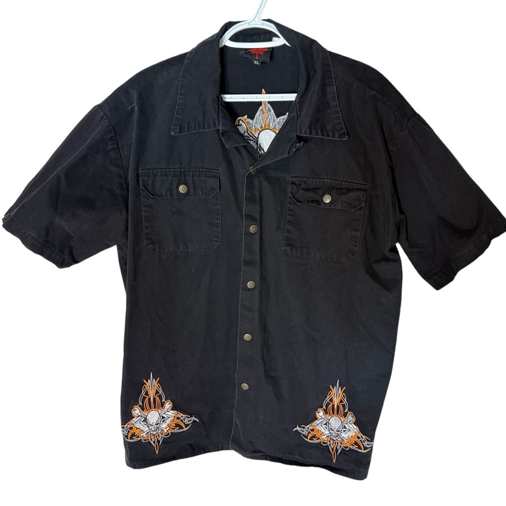 CMC Men’s Black Button Down Snap Shirt Skulls Rockabilly Bowling Pockets Size XL